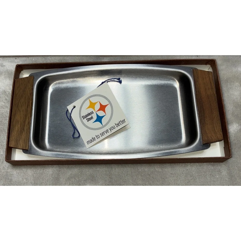 Vintage Snack Tray Single Server Walnut Stainless Steel Flair By Foley 8x4